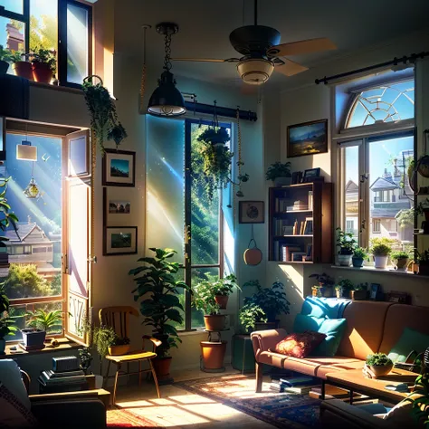 there is a living room with a couch, a chair, table and fan, Sunny bay window, Natural light in the room, Detailed natural lighting, Dramatic warm morning light, Real afternoon lighting, afternoon lighting, sunlight through the window, Ray Tracing Global I...