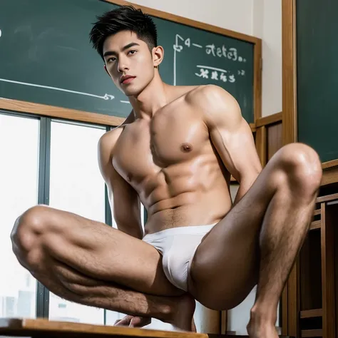 professional lighting , ‎Classroom，lectern，blackboards，male people , ((wear micro g-string))，Get wet，bodybuilder , chest, bare chest，damp hair，The light is even，male people，Youth，leg loops，cool guy，Short broken hair，((spread their legs))，Masturbation，cool ...