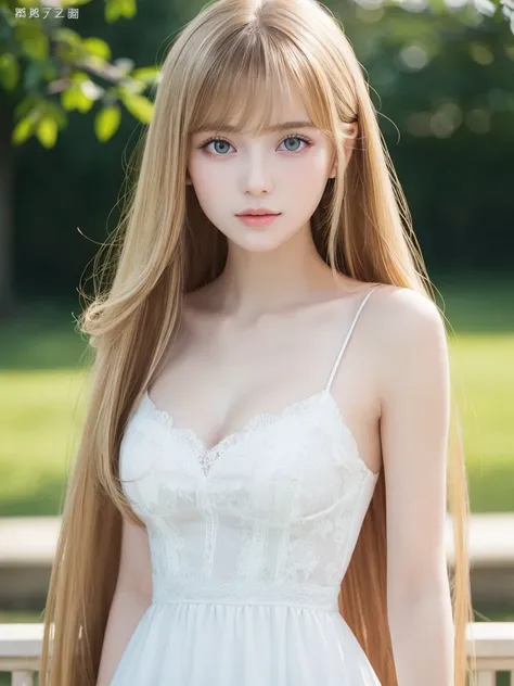 Unparalleled beauty, Lustrous firm and shiny skin, Bangs between the eyes, Glossy straight beautiful pale blonde, Super Long Straight Silky Hair, eye line, Sexy beautiful innocent 18 years old, High definition big beautiful bright pale brown eyes, Beautifu...