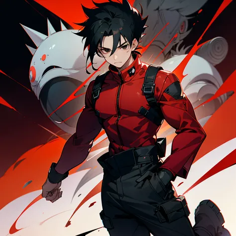 1male, , Kakashi Black hair , black eyes, Red Combat Clothing , Alien Planet Background , Red Body Suit Underneath , Muscular , spiky hair , baggy pants , Shortsleeves , Confident Expression