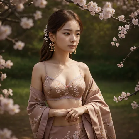 masterpiece,extremely detailed CG unity 8k wallpaper,1girl, beautiful, realistic, blurry, blurry_background, blurry_foreground, branch, brown_hair, plum blossom, depth_of_field, earrings, flower, jewelry, nose, realistic, solo,chinese clothes,fingers hidde...