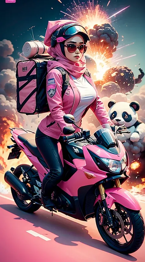 Slim and Medium breasted malay woman in hijab with pink jacket, pink food delivery motorcycle, foodpanda delivery, panda emblem at delivery box, pink delivery box, sunglasses, sci-fi, with gun, explosions behind, lot of explosion, dramatic scene, movie pos...