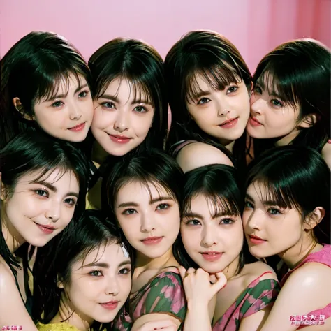 Raw photo、((5girls)),Open eyes、Five women kissing and loving each other、The same face、A dark-haired、a smile、same person、(lesbian orgy)