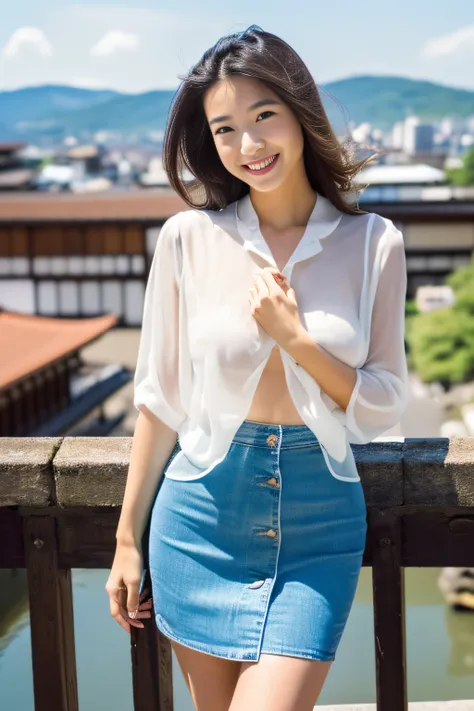 ((beautiful tourists、stunningly beautiful woman、peace in japan:1.6,16K High Resolution),A fascinating body that bursts、love you、(Supergianthugebreasts:1.6,beautiful thigh),See-through blouse、see-through mini skirts、 Smile、sightseeing、sunny sky、model poses ...