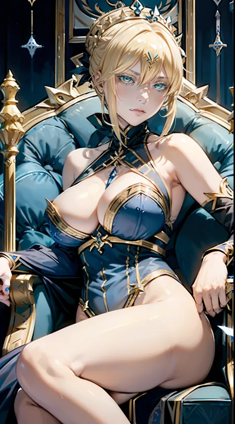 (Artoria Pendragon (Lancer) (fate)),  adult female, elegant, braided bun, blonde, green eyes, (yellow eyelashes), huge breasts, bare shoulders, blue leotard, cleavage cutout, elegant face, throne room, portrait, high resolution, extremely detail 8k.