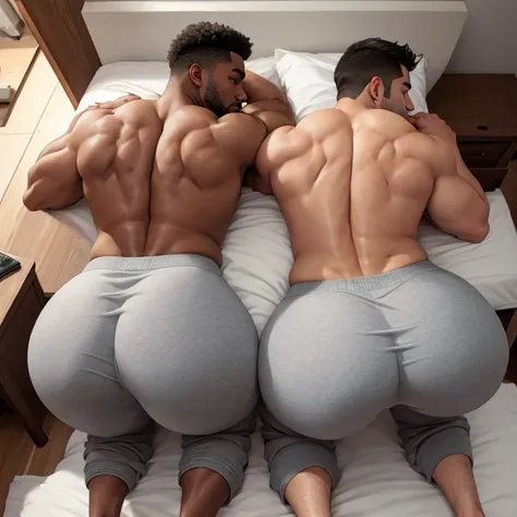 Two men on a bed, Birds Eye view, snuggling, cuddling, holding each other, athletic, fit, ripped, wearing grey sweatpants, thick asses, big bubble butts, huge asses, big ass, round ass, wide ass, full ass, juicy ass, comically massive ass, thicc, thick leg...