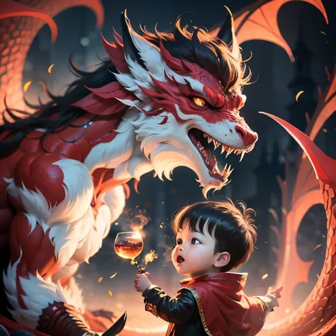 Handsome Chinese dragon and Little Boy, Red Chinese dragon, Red Theme, Chinese New Year atmosphere. Cartoon characters, a 3D style picture --auto --s2