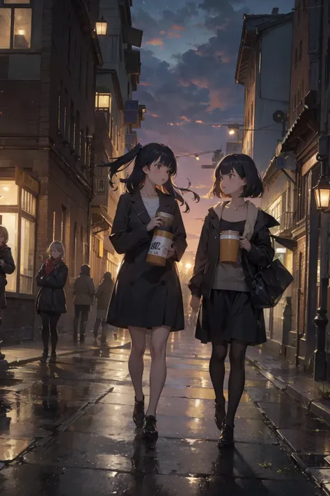 twin girls，cartoonish style，in the city at dusk、lots of people