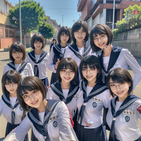 Raw photo、(((multiple girls))),((((6+girls)))),((((100girls)))),(((1000girls)))、((((100 Girls))))、((((Gigantic Breasts))))、Women only、The same face、matching school uniform、12 years old、A dark-haired、100 cute girls going to school、a smile、Commuting to schoo...