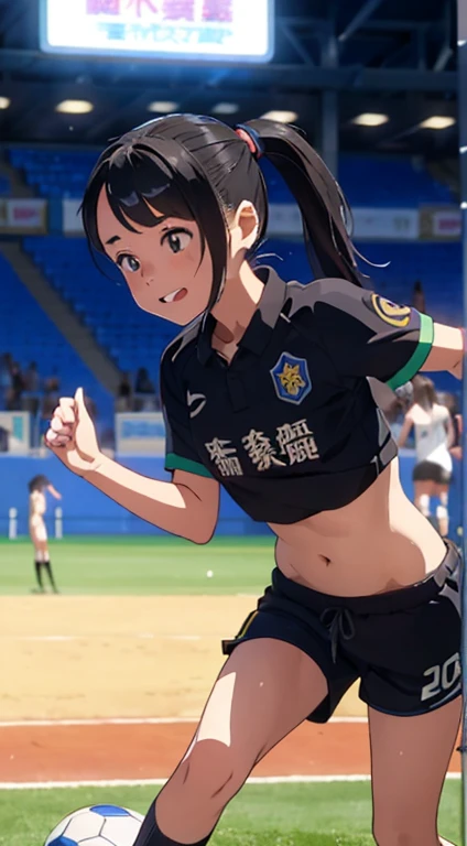 small、an 18 year old girl、pony tails、quality、masterpiece、超高分辨率、(真实感:1.4)、The is very detailed、Professional lighting smile、play soccer、stadio、Skinny sticky crop top and shorts、kawaii、perspired、Positive、Sano --auto