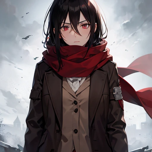 Ackerman Mikasa， greybackground， Bleak picture， eyes with brightness， Red scarf， face expressionlesull bodyesbian， Wearing a brown jacket，Wear white underneath， Hold both blades downward with both hands