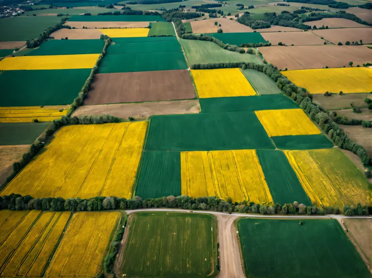 aerial view aerial editorial photo, in the style of dark yellow and emerald, emotive fields of color, odd juxtapositions, documentary travel photography, juxtaposed imagery, rural life depictions, muted tones, accurate, atmospheric perspective, depth of fi...