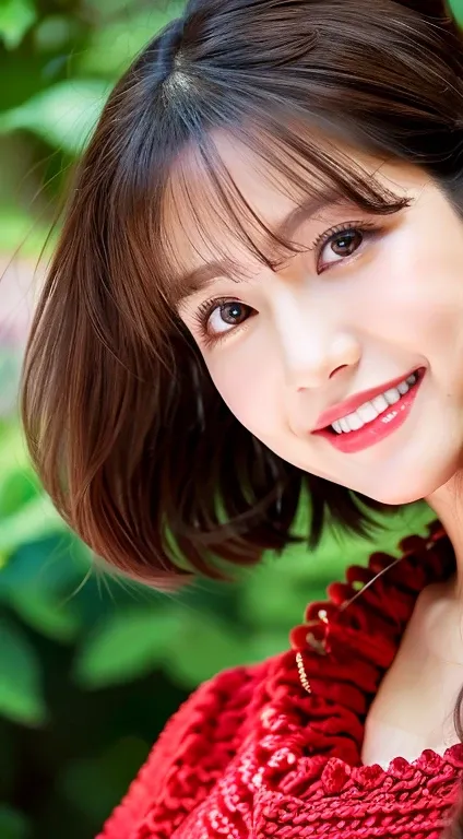 of the highest quality, masutepiece, 超A high resolution, Photorealistic,High-resolution full-body images, smiling red lips， Smile, slightly visible, Red knitted shirt,fullbody image,Soft lighting, Detailed skin,  Black hair, Clear eyes, Short bob hair, Tra...