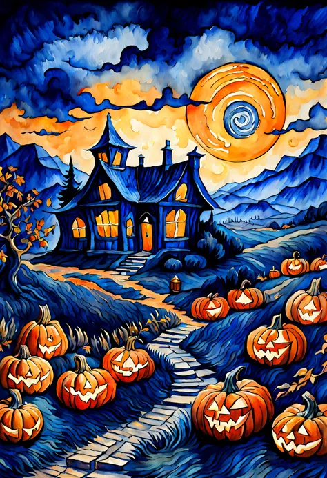 dark blue fantasy landscape, pumpkin lantern, Van Gogh style, aquarelle, Hot topics on artstation, Focus sharp, studio photo, Complicated details, The content is very detailed, author：Greg Rutkoski