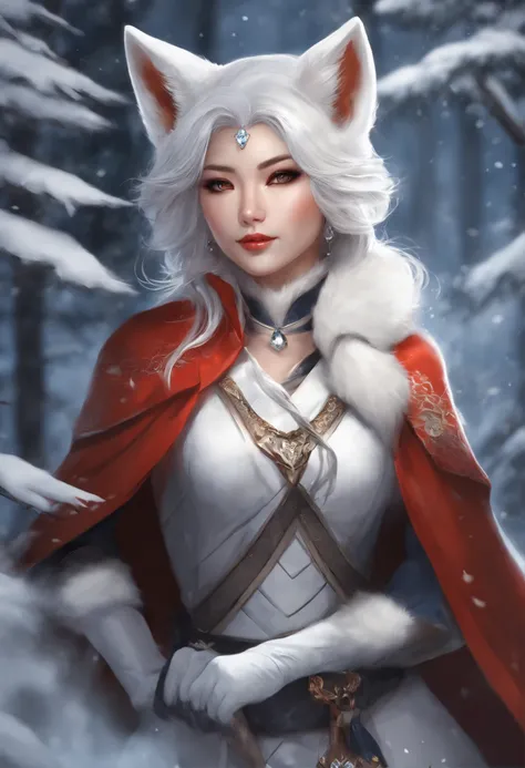 Anime - illustration in the style of a woman, dressed like a fox, in a snowy forest setting, white - haired fox, art of silverfox, fox nobushi, extremely detailed artgerm, a beautiful fox lady, style artgerm, Armor dress, Inspired by Kitsune, Dark Fox Mage...