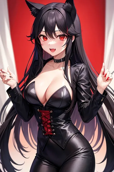 vampire catgirl with long black hair wearing a vincent valentine outfit