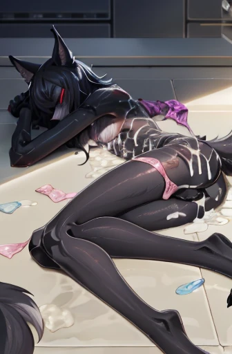 girl, wolf, demon, anthro, slender, asleep, cyborg digitigrade legs, furry tail, laboratory, ((laying on side)), focus on rear, used condom left inside, surrounded by used condoms, covered in cum, leaking cum, bukkake