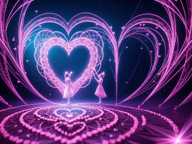 Open a dimensional gateway where Cupid stands, surrounded by floating 3D hearts and roses, as lovers pass through a portal of swirling fractal energies that connect hearts across realms.