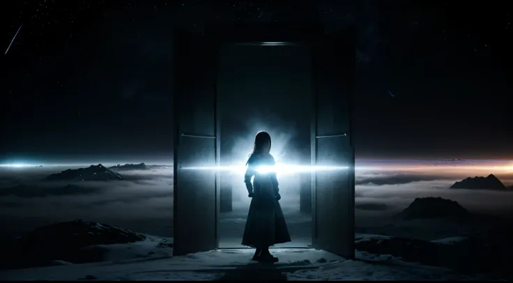 horizontal format, a woman standing, glowing space background, mysterious fog, A door that can travel between dimensions