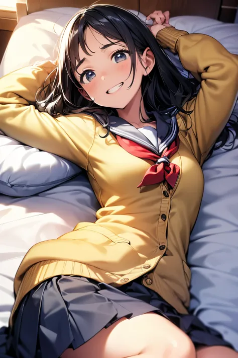 (best quality, 4k, 8k, highres), ultra-detailed, 1girl, gleaming brown eyes, (tareme:1.2), (grin:1.2), (school uniform cardigan:1.2), pleated skirt, (forehead:1.2), medium wavy hair, (black hair:1.4), small breasts, bed room, (lying down on the bed:1.4), (...