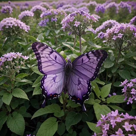 Purple flowers with a purple butterfly focused in a field of purple flowers