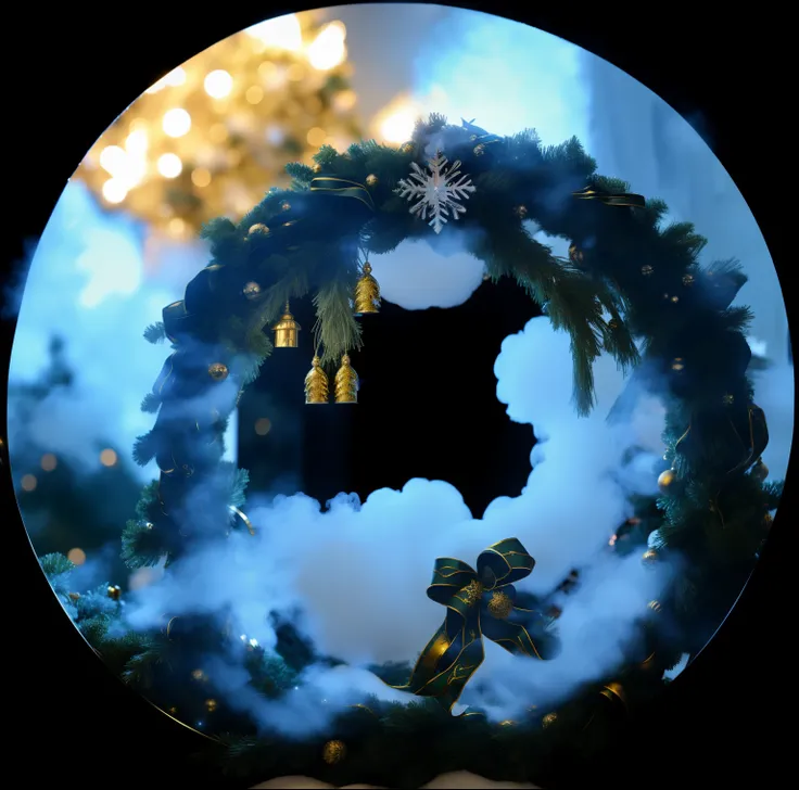 A Christmas wreath made of shiny golden cranes, shiny silver vines, and green vines, decorated with snowflakes, Santa Claus peeking through the gap in the middle, a chimney, and smoke coming from the chimney