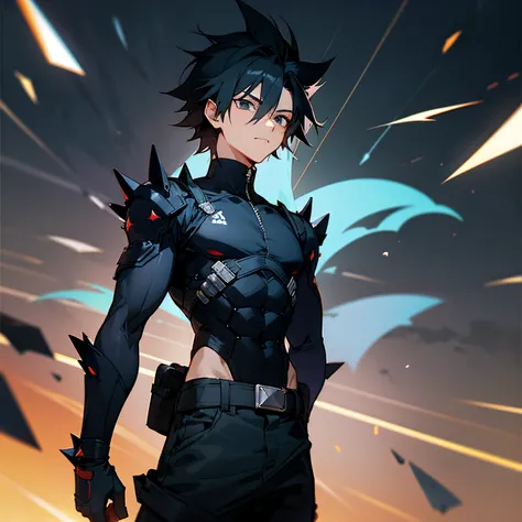 1male, , Sasuke Black hair , black eyes, Black Combat Clothing , Advanced City Background ,Blue Wristguards ,Black Body Suit Underneath, Muscular , spiky hair , baggy pants , Shortsleeves , Confident Expression , Baggy Pants , Blue Belt