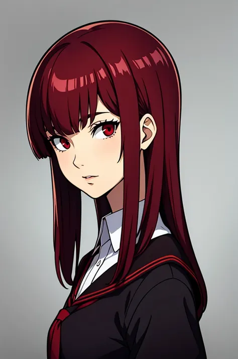 masterpiece, best quality, dark maroon hair, red eyes, bangs, portrait, female, simple background, black school uniform