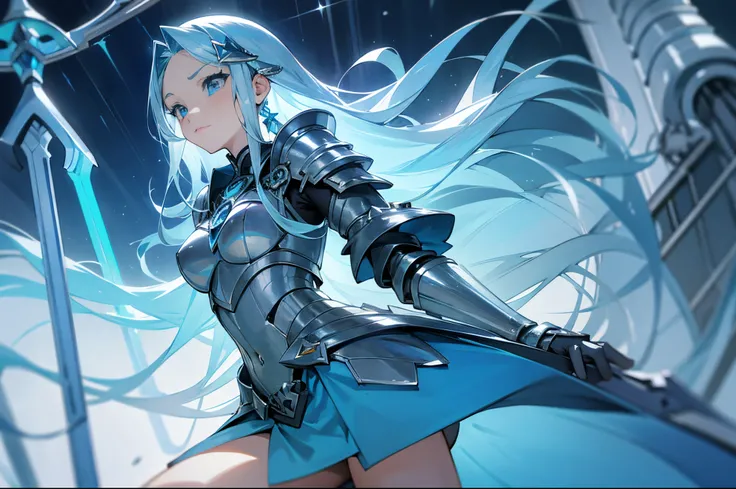 teens girl，long azure hair，hair straight，blue color eyes，silver armor，aquarius，Atlantis elements，trident，incredulous