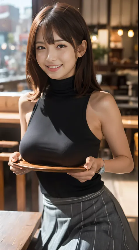 (Best Quality, Masterpiece, Photo realistic, Ultra Detailed, ultra high res, raw:1.3), (1girl, pretty, Japanese), (smile), (turtleneck sweater), (breasts on tray, round tray, sliver tray), mini-skirt, cafe, bangs,