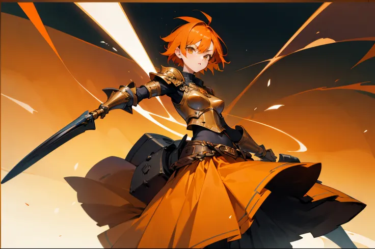 Girl with orange hair，long  skirt，Orange armor，combats，Short punk hair，incredulous，orange eyeuturistic，Black pawuturistic