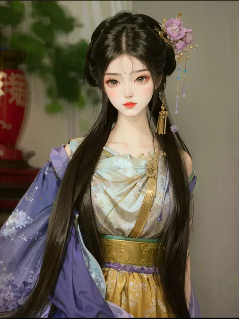 A long hair、Close-up of doll in purple dress, 宮 ， A girl in Hanfu, Princesa chinesa antiga, Hanfu, One shoulder，Expose the collarbone，chinese empress, Wearing ancient Chinese clothes, A masterpiece by Guwiz, Match with ancient Chinese costumes, Inspired by...