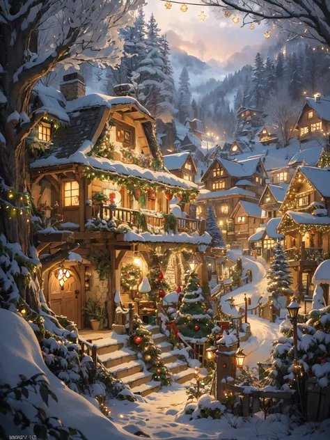 The Hobbit village is busy with Christmas decorations, and all the Hobbits decorate the large tree in the center of the village with ornaments and glowing lights in gold and other colors. All the Hobbits are happily at work.illumination
effect///Fluffy pas...