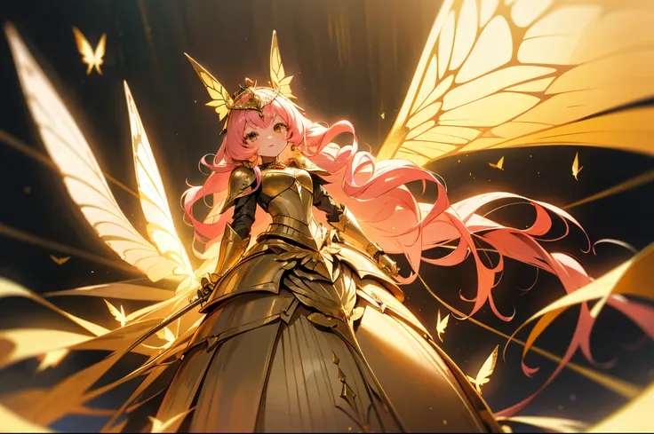 teens girl，Pink Long Hair，A princess，Golden crown，long whitr hair，curlies，Golden butterfly，Golden eyes，incredulous，White-gold armor，Gold border，Armor with gold stripes，long  skirt，Futuristic，Golden butterfly wings