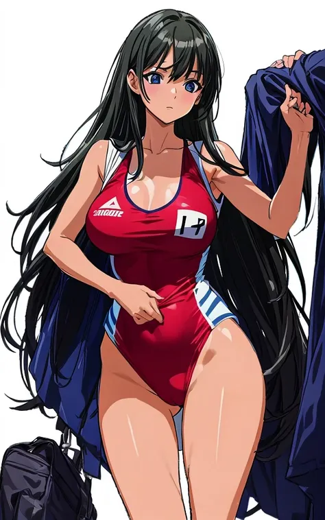 A beautiful woman with long black hair, big breasts, and beautiful legs is standing in a changing room in a red competitive swimsuit.。