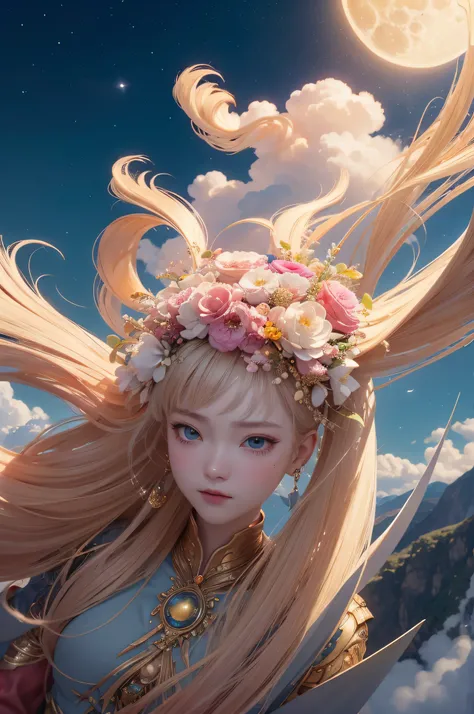 ((Best Quality)), ((masutepiece)), (Detailed), Perfect face,pink there、mountain ranges、Near future、ciber、sea of clouds、the morning sun、wanting、grand、(1womanl:1.2),Giant Swing、Fly over the mountains,)devastated,Shining Weapon,Dynamic Angle, [(Art Book: Art ...