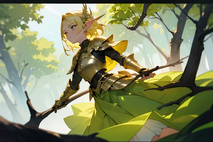 teens girl，Blonde hair，elvish ears，incredulous，Green tree branch hair basket，golden bow，Futuristic，incredulouartyr，long  skirt，Green armor，incredulous