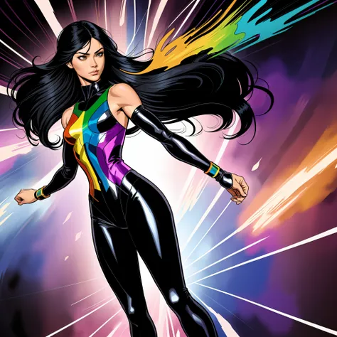 (comic style:1.3), (line art:1.5), (full body),(masterpiece, award winning, best quality:1.3), (flat color:1.3),(colorful:1.3), 1 girl ((solo)), floating in rainbow light, long black hair (side part), small breasts, , wearing violet spandex catsuit, waterc...