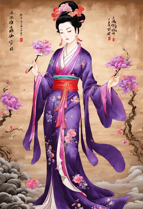 ( Embroidery works), (Suzhou embroidered purple robe Guanyin statue), (standing full-body), embroidery, Kesi silk craft,Embroidery works, The center is Ziguanyin，Surrounded by realistic embroidered flowers, Rectangular glass frame combination, line sleek, ...