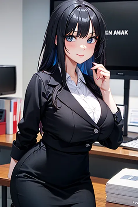 black hair, female office worker, office look,busty, buxom, curvy, voluptuous