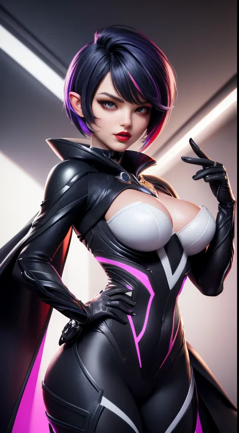 bust to waist ((half body)) portrait (((tatical gear aesthetic))) ((beauty shape)) perfect skin, hyperrealistic masterpiece, superheroine ((fringe glowing colorful)) in extremely complex & superdetailed black plugsuit ((with white cape)) , cinematic illumi...