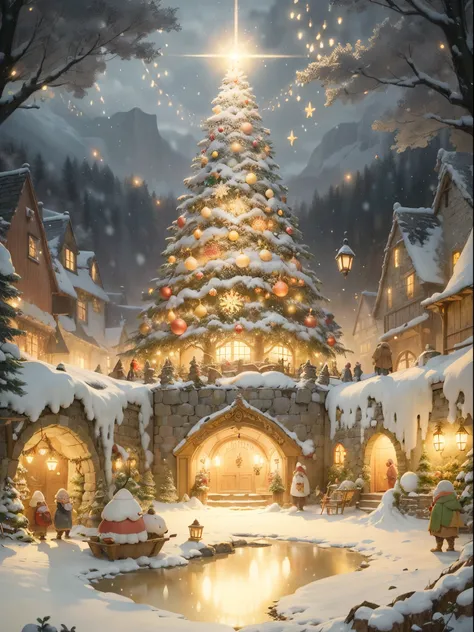 The Hobbit village is busy with Christmas decorations, and all the Hobbits decorate the large tree in the center of the village with ornaments and glowing lights in gold and other colors. All the Hobbits are happily at work.illumination effect///Fluffy pas...