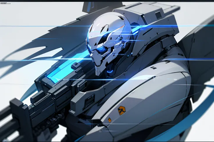 blue short hair，shoun，male people，Skeleton mask，Mecha body，White armor，glowing light eyes，Long Gun，autofellatio，Futuristic，sense of science and technology，Cancer