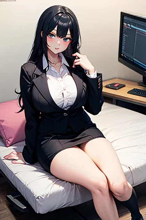 black hair, female office worker, office look,busty, buxom, curvy, voluptuous, bed