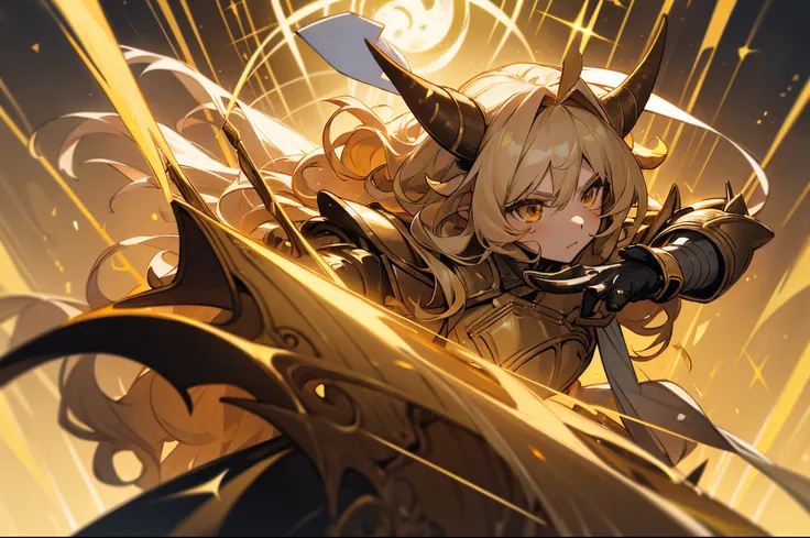 Long blonde hair，gold eyes，curlies，Long gray hair，golden armour，Golden axe，Golden Taurus，Unbelievable，starrysky，Golden corner food，Black gloves，dingdall effect，Two big horns，cow horn