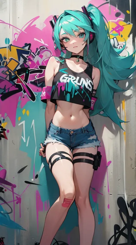 masterpiece, best quality, 1girl, solo, crop top, denim shorts, choker, (graffiti:1.5), paint splatter, arms behind back, against wall, looking at viewer, armband, thigh strap, paint on body, head tilt, bored, multicolored hair, aqua eyes, headset,