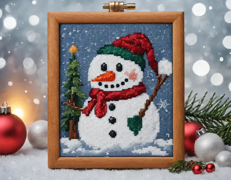 canvas for cross stitch with the image of a snowman near a christmas tree against the backdrop of falling snow, embroidery, cros...