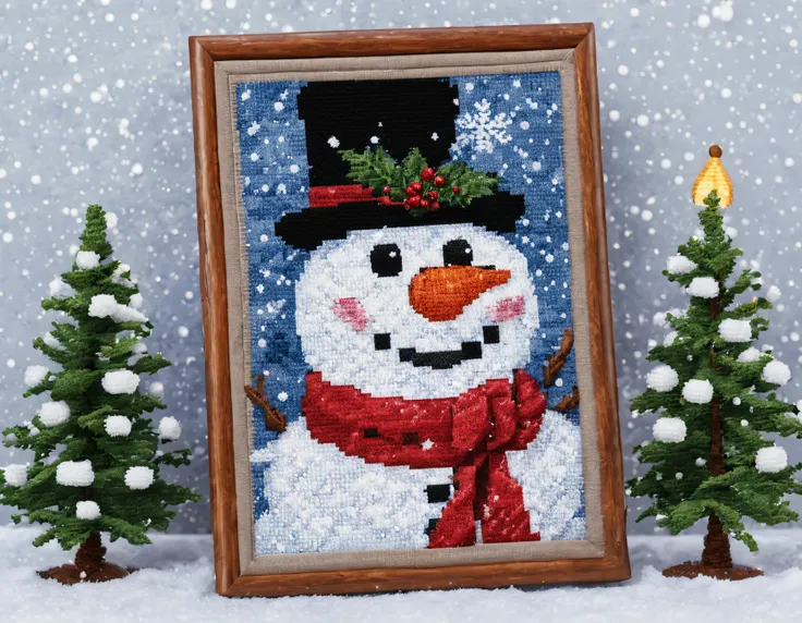 canvas for cross stitch with the image of a snowman near a Christmas tree against the backdrop of falling snow, embroidery, cross-stitch, Christmas palette