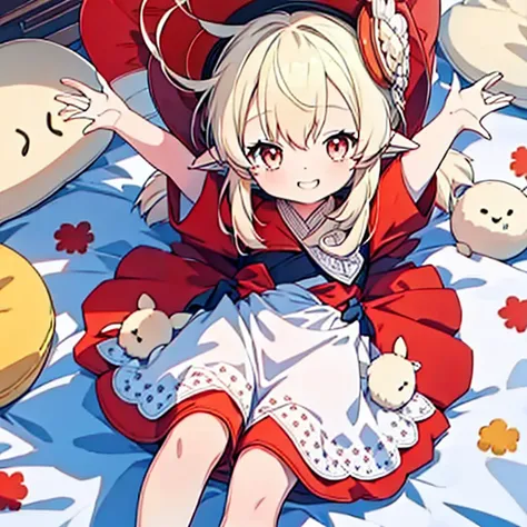 loli, child, flat chest, nude, naked, laying on the bed, on back, good eyes, happy, pointy ears, big smile, perfect body ratio,