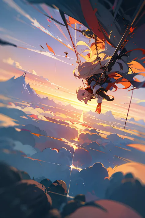 ((Best Quality)), ((masutepiece)), (Detailed), Perfect face,pink there、mountain ranges、Near future、ciber、sea of clouds、the morning sun、wanting、grand、(1womanl:1.2),Giant Swing、Fly over the mountains,)devastated,Shining Weapon,Dynamic Angle, [(Art Book: Art ...